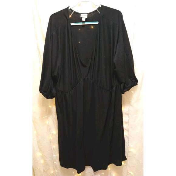 AVA & VIV WOMANS 3X BLACK MIDI DRESS 3/4 SLEEVE V NECK RIPPLE W/ POCKETS COMFY - Picture 1 of 10